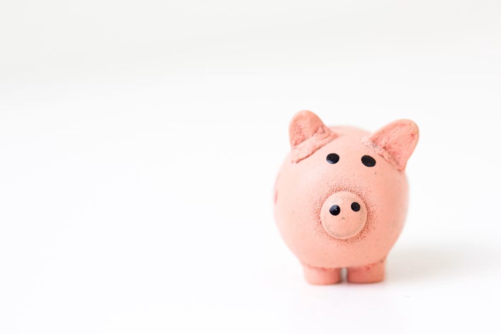 A small pink money box on a plain white background
