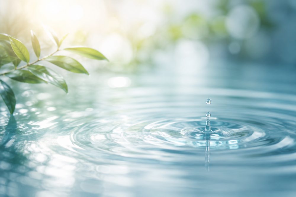 Still water with a single droplet and new green leaves