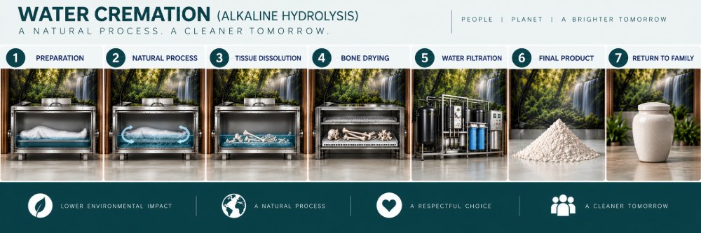 Diagram of the seven water cremation stages: preparation, natural process, tissue dissolution, bone drying, water filtration, final product, return to family